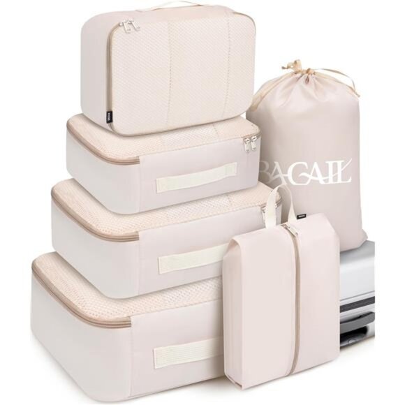 6 Set Packing Cubes Luggage Packing Organizers for Travel Accessories (Beige) - Picture 1 of 7
